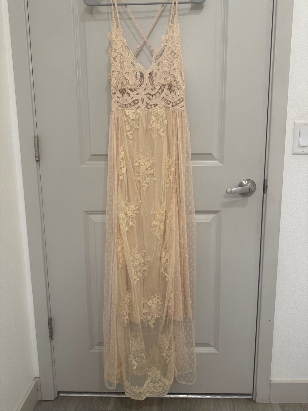 Magnolia Lace & Sheer Maxi Dress in Beige